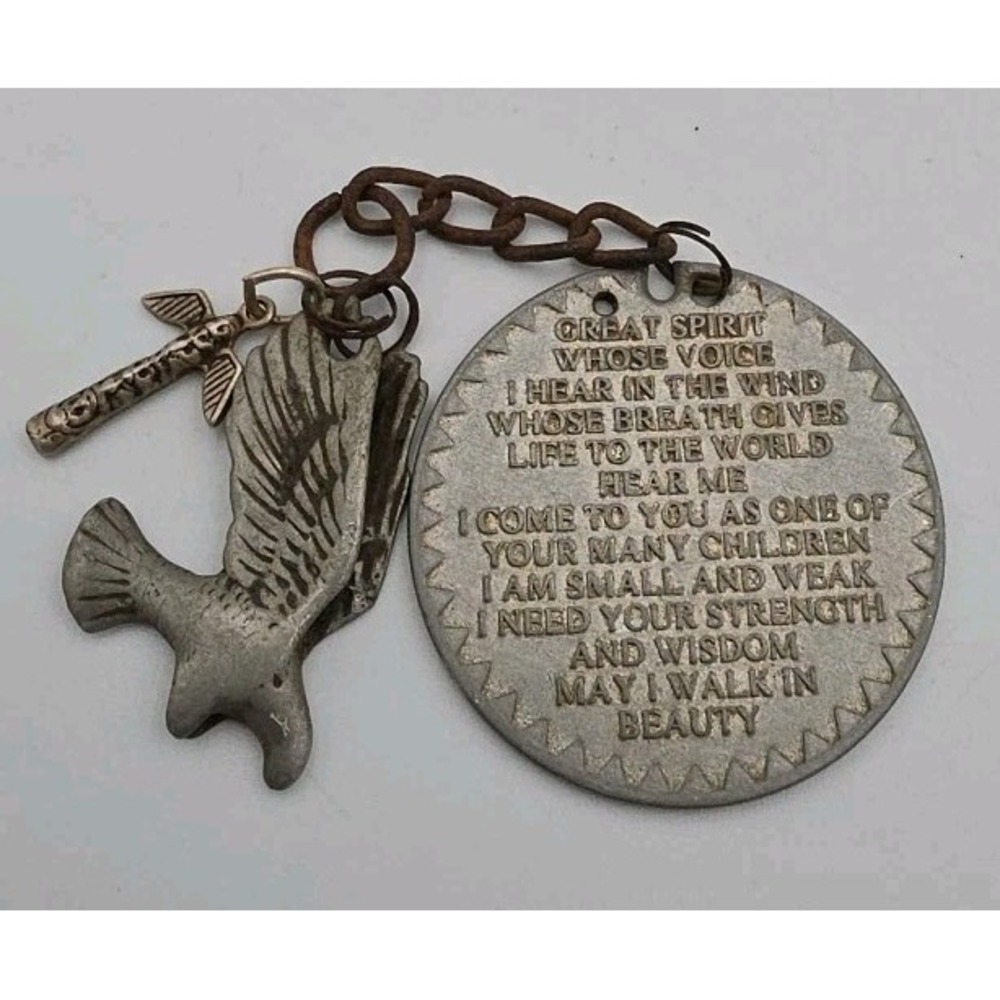 925 Sterling Silver Vintage Pendant/Keychain RENEW THE SPIRIT Totem & Eagle